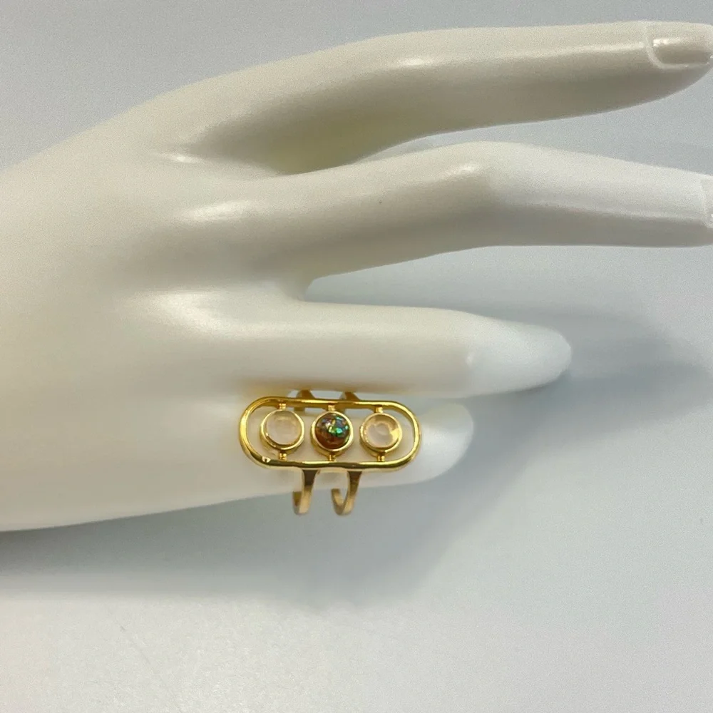 Vintage, Clear Quartz, Abalone, & Moonstone Ring, Modern Style, Celestial